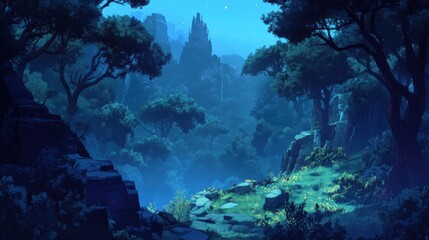 A mystical forest valley at night, bathed in a cool blue light, showcasing towering trees, dramatic cliffs, and a path leading into the distance.