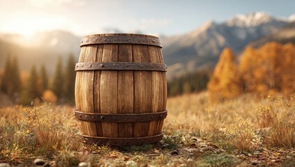 Wooden barrel in autumnal landscape