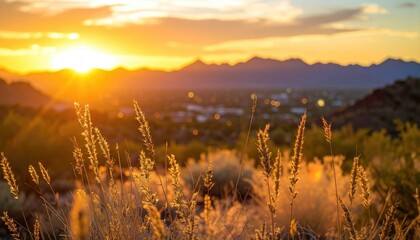 Golden Sunset View Through Grassy