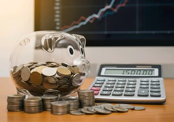 Glass Piggy Bank with Calculator and Financial Chart