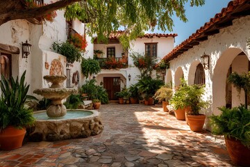 Hacienda courtyard blooms like a sun-kissed painting with arches and a stone fountain.