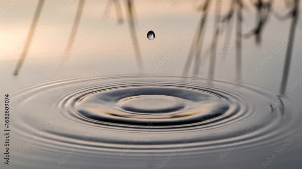 Poster water ripple concentric circles on smooth water surface with soft natural light and blurred backgrou
