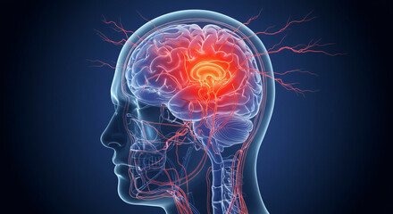 human brain x ray, 3D Medical Illustration of Human Brain Highlighted Migraine or Neurological Pain