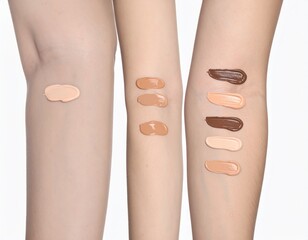Three arms with different skin tones display foundation swatches in various shades, ranging from light beige to dark brown, against a white background