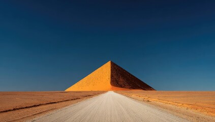 Pyramid-shaped sand dune in a vast desert landscape.  A gravel road leads to the peak