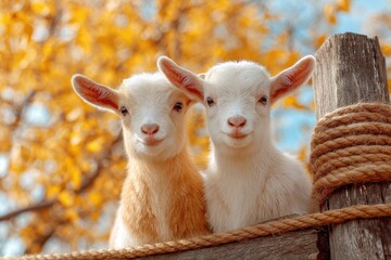 Fototapeta premium Two adorable baby goats, one light peachy, one white, face forward, looking at viewer. They're perched on a rustic wooden fence post, autumn leaves background