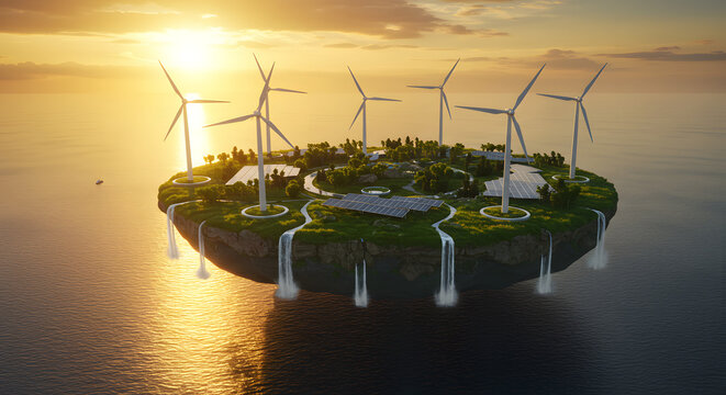 Floating Island Renewable Energy Paradise: Solar Panels and Wind Turbines on a Lush Landscape with Cascading Waterfalls, Serene Ocean, and Golden Sunset, Blending Sustainable Technology with Natural B