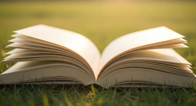 Open book resting on grass bathed in golden sunlight evokes feelings of tranquility and learning