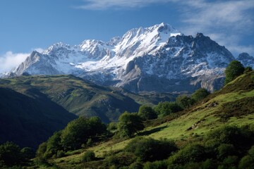 Dramatic Mountain Panorama of the Pyrenees with Rocky Ridges and Meadows
