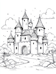 Fototapeta premium Castle in the Clouds: A classic fairytale castle sketched on a serene, artistic cloud backdrop, with detailed towers, battlements, and a winding path evoking dreams of fantasy and wonder.