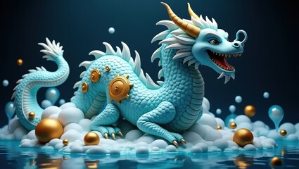 Whimsical teal dragon surrounded by golden orbs and clouds