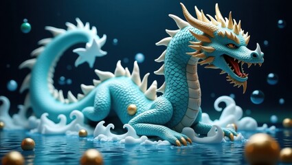 Majestic blue dragon emerges from mystical water with golden orbs