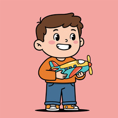 Cartoon child with toy airplane, smiling in orange shirt and blue jeans on pink background.