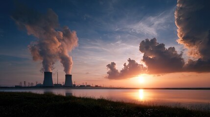 vast industrial complex with cooling towers emitting plumes of smoke against  dramatic sunset sky over calm water