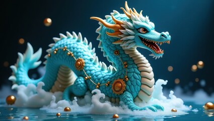 Majestic blue dragon emerging from water with glowing orbs
