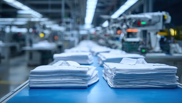 White shirts on a factory conveyor belt