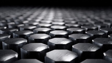 Obraz premium Close up view of repeating pattern of brushed metal hexagonal prisms extending into distance with soft focus and dark background