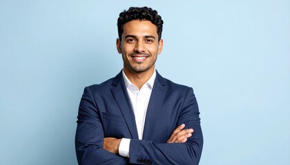 Confident man in a navy blazer with arms crossed smiles against a blue background. He has dark, curly hair and a friendly expression