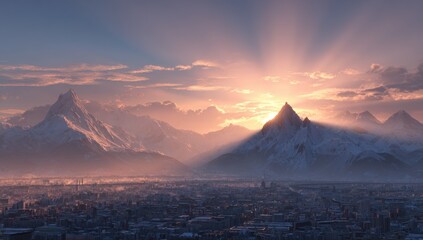 Panoramic winter sunrise over snow-capped mountains and a city