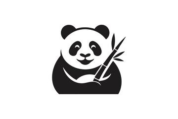 Panda Bear Holding Bamboo Stick in Black Silhouette on White Background, Simple Icon