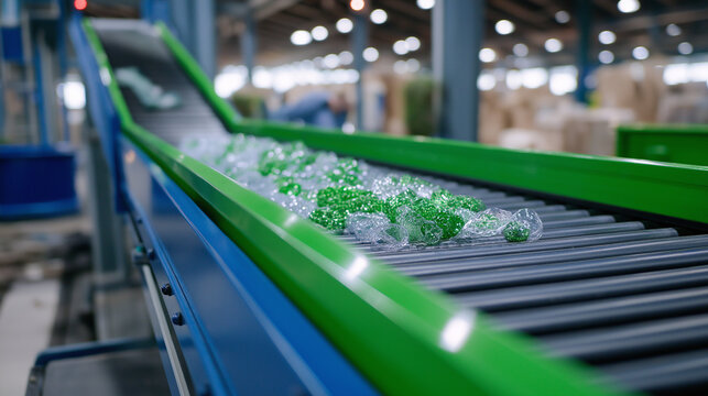 Technicians install a robotic sorting system in a recycling plant with conveyors sorting plastics sensors detecting materials a worker adjusting settings and bins filling rapid