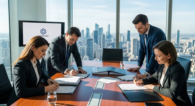 Diverse Business Team Signing Contracts in Modern Office with City View