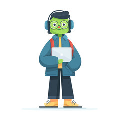 A child with green skin wears large glasses and headphones while holding a tablet in a cozy home setting. They are dressed in casual attire, conveying enthusiasm for technology.