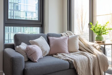 Fototapeta premium Modern living room with city view