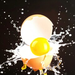 An egg is captured mid-splash against a black backdrop, highlighting its bright yolk and the shell. It's a high-speed shot revealing the impact