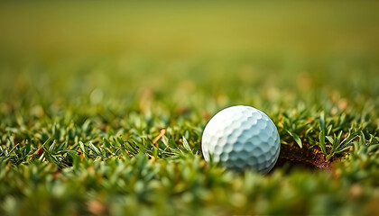 Close-up of golf ball on green grass near a divot, detailed sports equipment image for golf course
