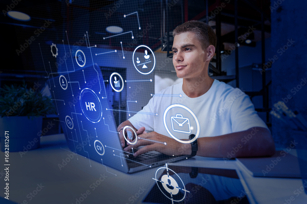 Poster young professional working on human resources tasks with digital interface in modern office setting