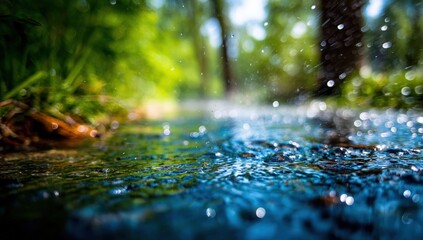 Fototapeta premium Close-up of rain-slicked water in a forest