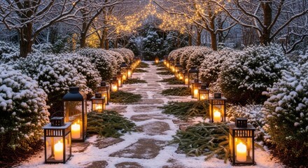 Magical Snowy Garden Path Lit by Lanterns