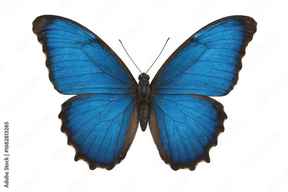 Poster blue morpho butterfly spreading iridescent wings, revealing shimmering azure patterns against clean 