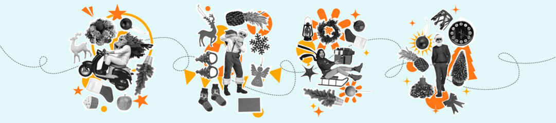Poster collection trend collage image of happy old men santa claus stand supplies new year...