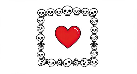 Red Heart Surrounded by Skull Frame on White Background