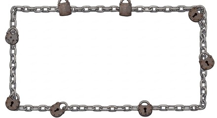 Rusty Metal Chain and Padlock Frame Border with Isolated White Background