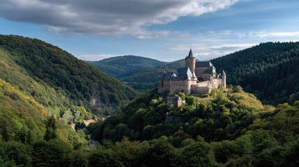 Vianden Castle on Hilltop with Medieval Stone Walls and Scenic Mountain Background
