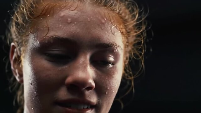Close-up of a Sweaty Woman's Face After an Intense Workout Session, Depicting Hard Work and