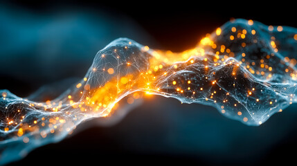 Glowing digital abstraction with orange dots and lines on dark blue background