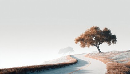 A winding road through a hazy landscape