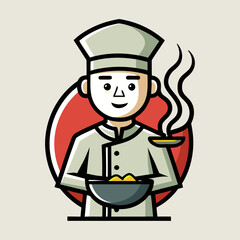 Vietnamese Pho Chef Icon with Steaming Bowl Hat, Modern Flat Vector Illustration, Culinary Logo, Street Food Design, Asian Cuisine Art