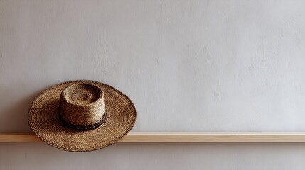 Rustic Straw Hat on Minimalist Wooden Shelf