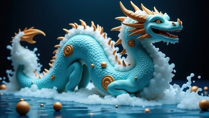 Majestic blue dragon emerges from dark water with splashing waves