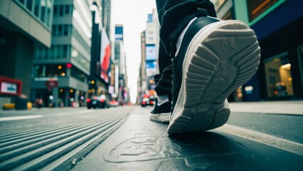 Obraz premium Close-up of someone walking on the road in sneakers