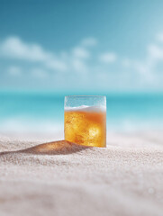 Refreshing drink on the beach. Closeup of an ice cold beer with condensation, set against a scenic ocean backdrop. Ideal for summer, vacation, and leisure themes.