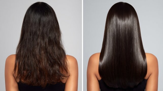 Before and after hair transformation on woman with long dark hair