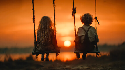 Two children on swings admire sunset by the water, silhouettes and sun evening