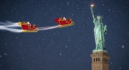 Santa's enchanting sleigh ride over the Statue of Liberty on a snowy night in New York