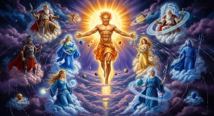 Divine Pantheon: A Majestic Depiction of Gods and Goddesses in Celestial Realms